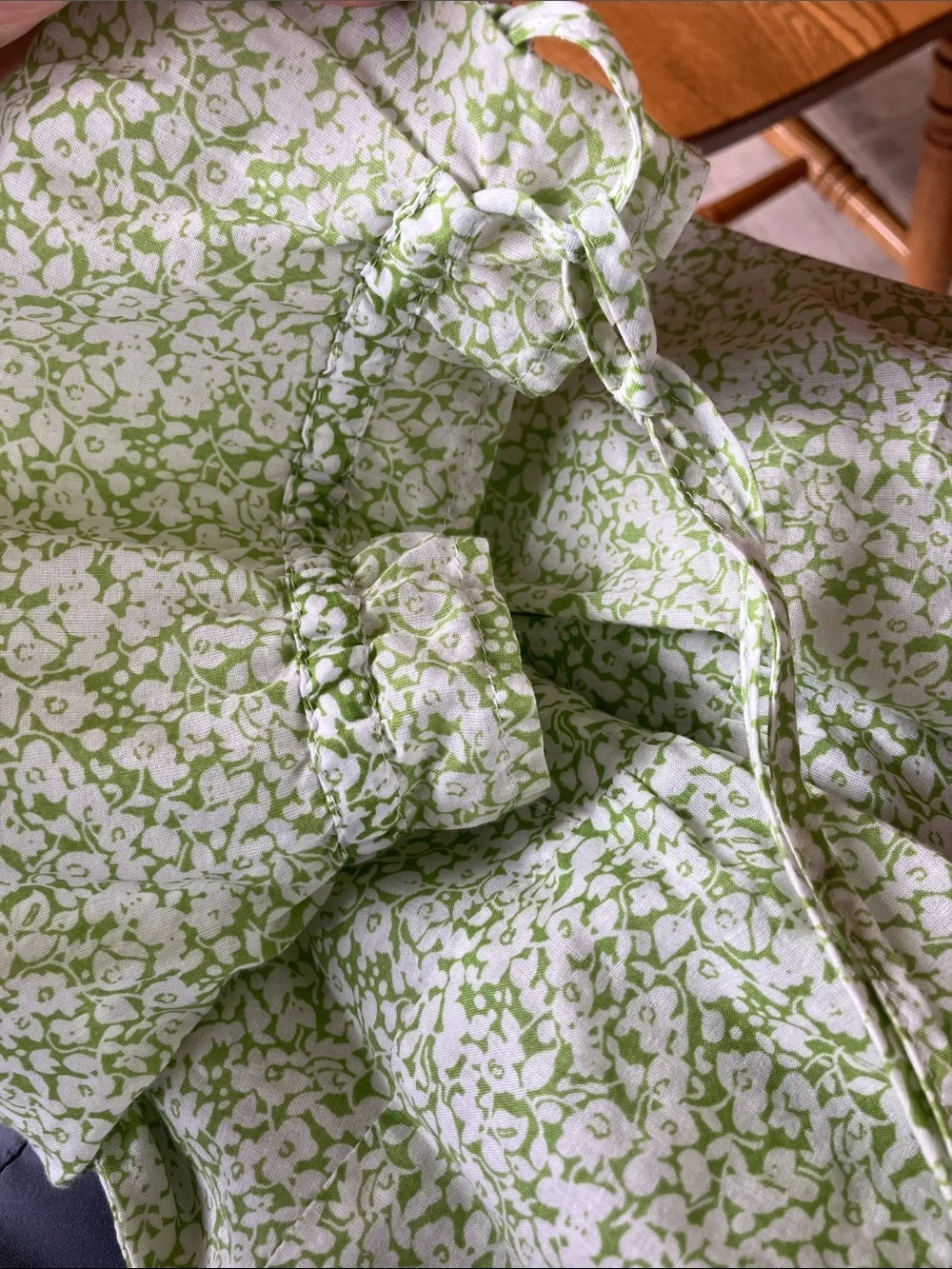 LOFT Green Floral Lace-Trim Puff Sleeve Blouse cotton‎ Cottagecore empire waist